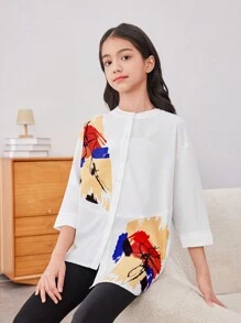 SHEIN Chemise ample, mignonne, à motif floral pour filles préadolescentes avec col châle et ourlet asymétrique, pour sorties quotidiennes