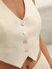Anewsta Chaleco De Traje Y Conjunto De Shorts De Lino Con Botones En La Parte Frontal Y Escote En V