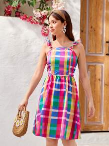 Teen Girl Casual Rainbow Plaid Dress With Countryside Style - Multicolor - View 4