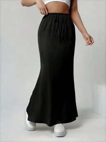 SHEIN EZwear Women's Mermaid Style Midi Skirt, Solid Color - Black - View 3