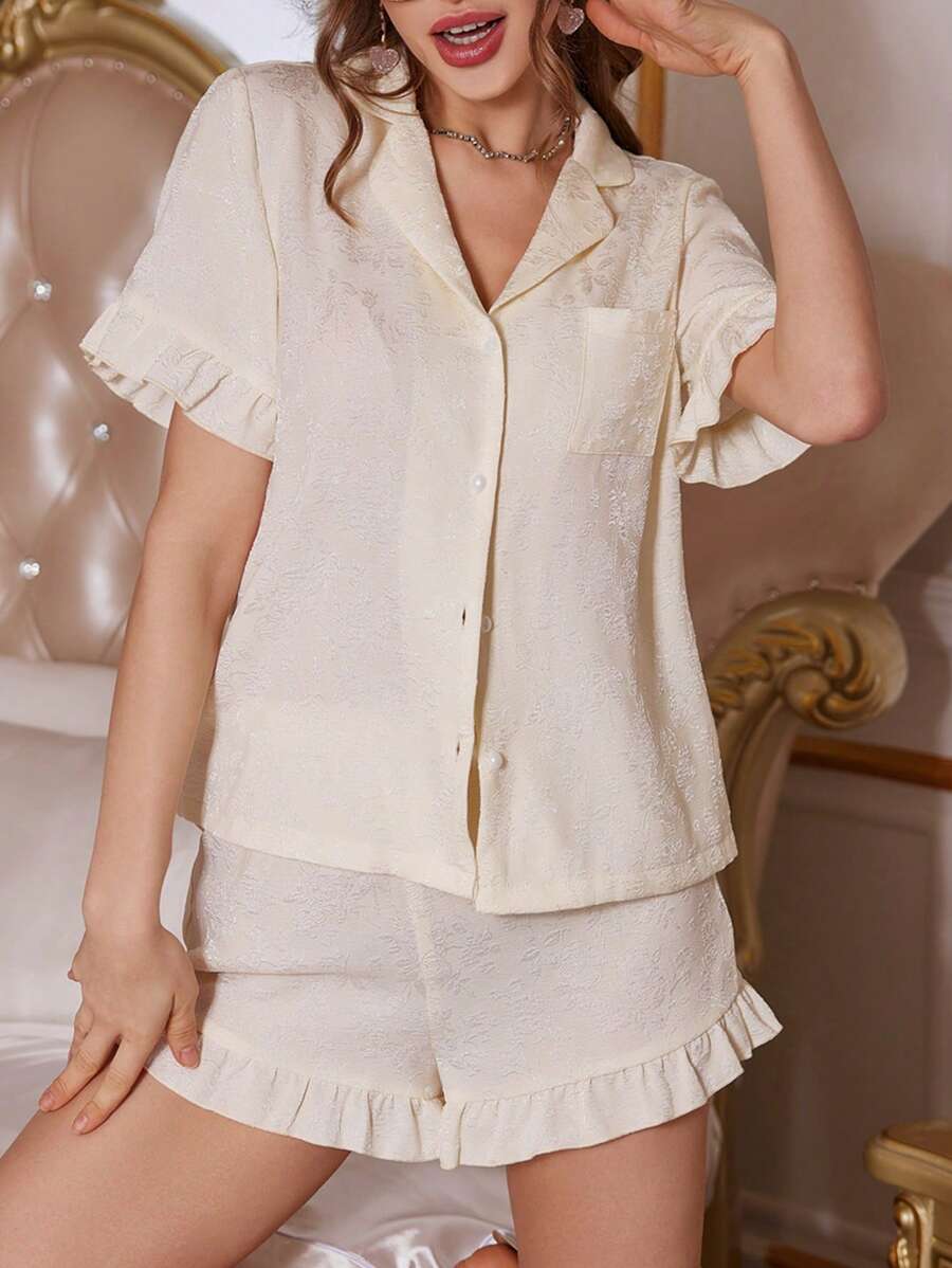 Embroidery Pearl Button Short Sleeves Top And Shorts Pajama Set - Apricot - View 1
