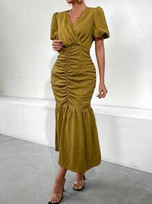 Modelyn Women'S Solid Color Wrap Style Pleated Dress