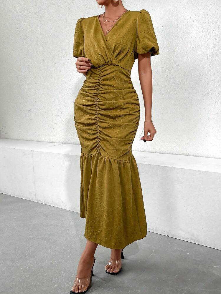 Women'S Solid Color Wrap Style Pleated Dress