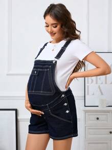 SHEIN Maternity Denim Overall Shorts With Contrast Stitching - Dark Wash - View 5