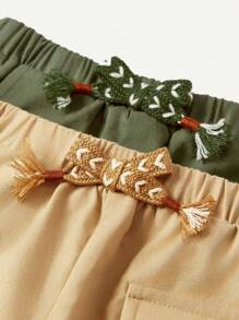 Cozy Pixies Conjunto De 2 Piezas De Shorts Deportivos Informales Para Niños Con Cintura Elástica Decorativa Tejida Con Bolsillos Y Cinturón. - Verde militar - Ver 6