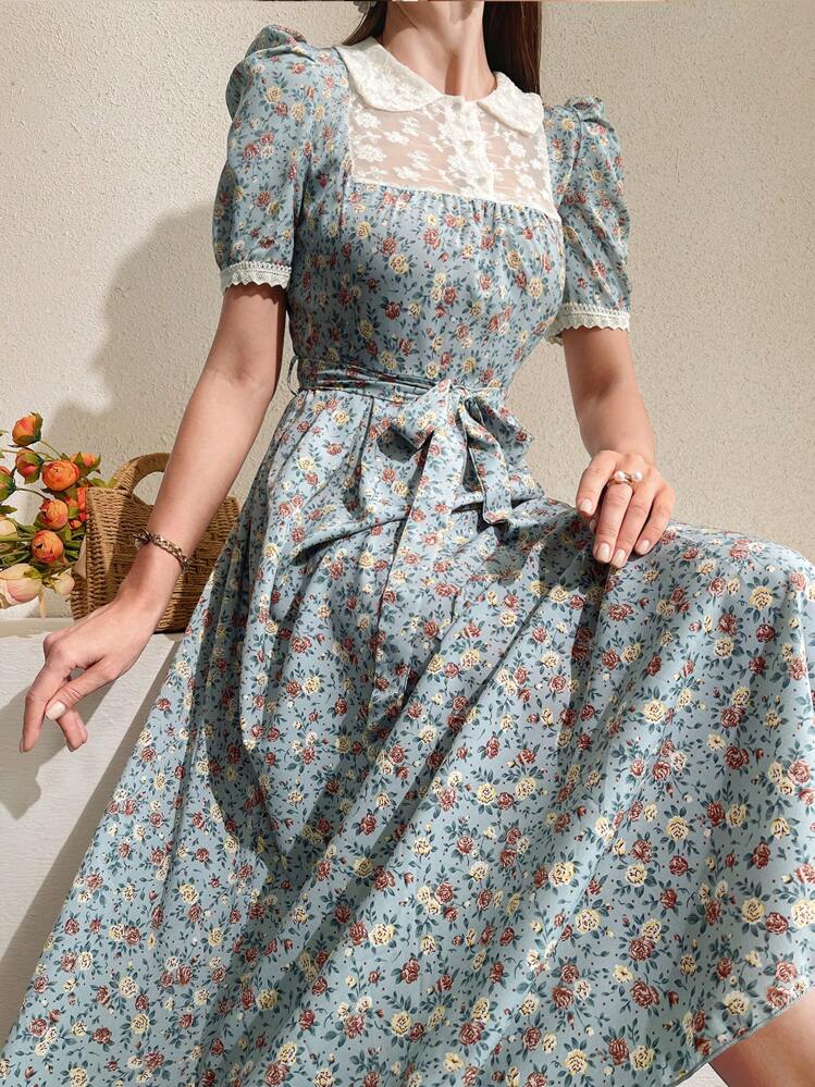 Mulvari Vestido vintage maxi para mujer con estampado floral, empalme, bordado de malla, cuello Peter Pan y mangas abullonadas - Neblina azul - Añade 1