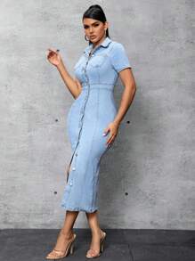 SHEIN SXY 女性淺藍色洗水牛仔襯衫連衣裙 - 淺色水洗藍 - 查看 4
