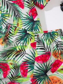 SHEIN 3入組/套少年休閒度假風格熱帶植物印花寬鬆短袖泳衣,帶帽寬鬆泳裝短褲,編織泳裝 - 綠色 - 查看 6