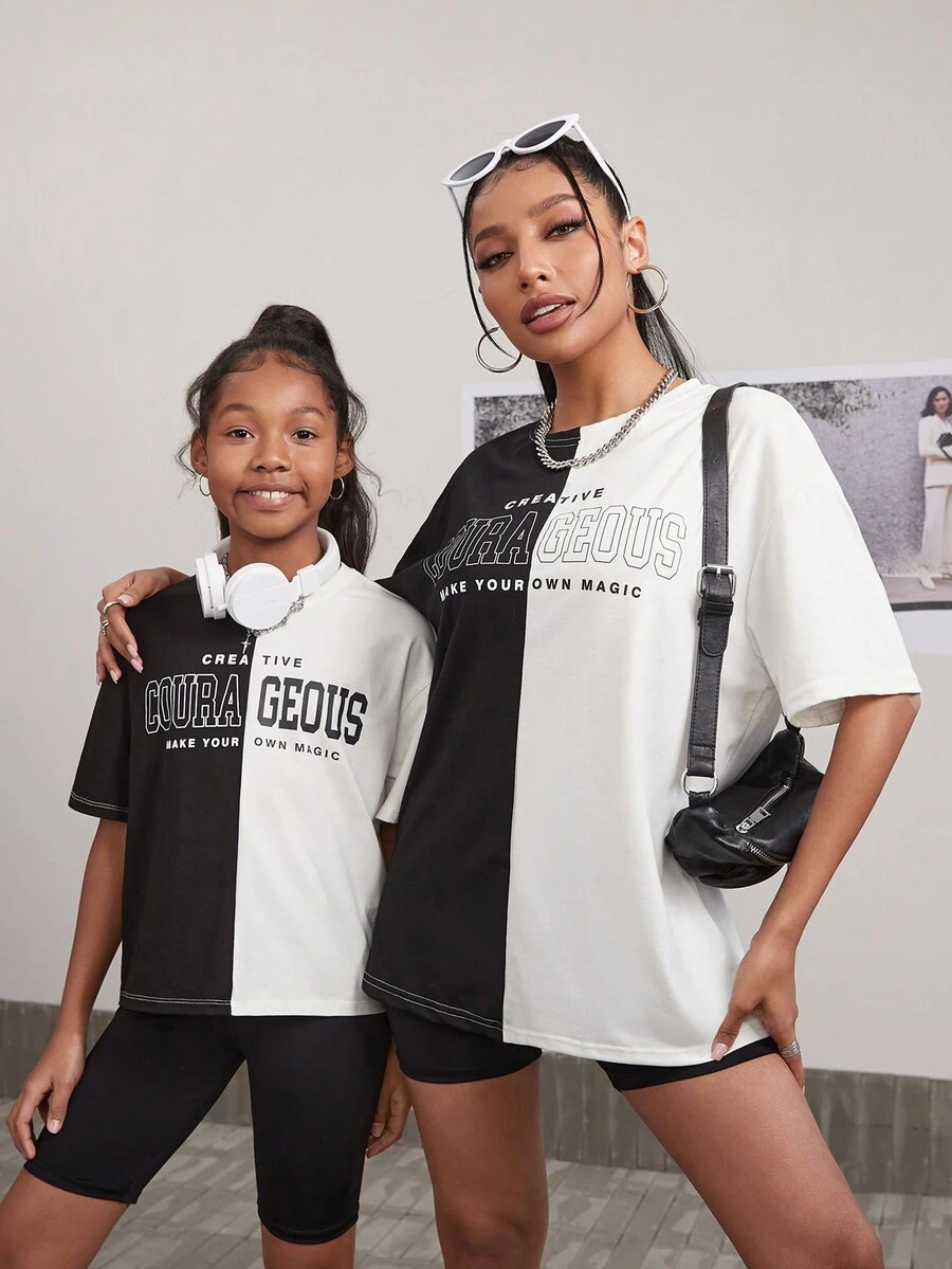 SHEIN Ensemble t-shirt à manches courtes et short tricoté pour fille préadolescente avec blocs de couleur, col rond et imprimé lettre pour le printemps et l'été, tenue parent-enfant - Noir - Voir 1