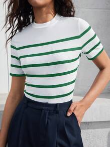 BizChic Women's Contrast Striped Stand Collar T-Shirt