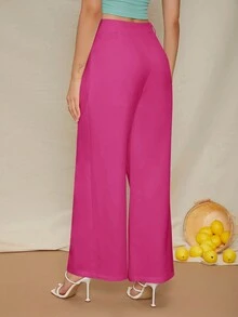 SHEIN VCAY Ladies' Stylish Solid Color Straight Pants - Hot Pink - View 2