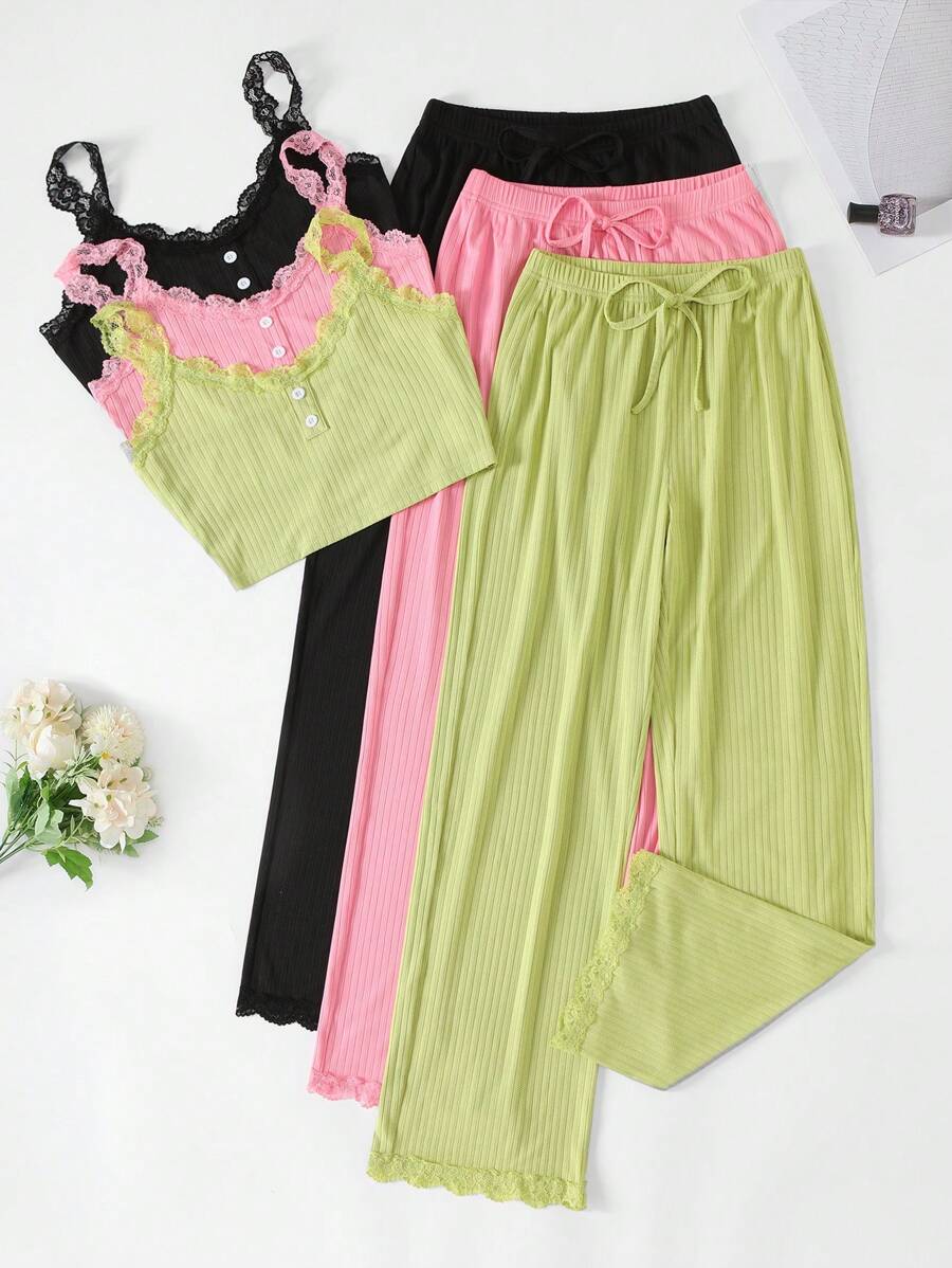 Women's Comfortable Short Lace Top And Long Pants Pajama Set, 3pcs - Multicolor - View 1