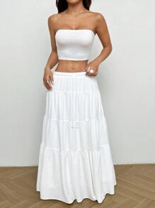 Conjunto de top de bandeau tejido y falda larga ajustada para mujer, con falda blanca de bandeau con volantes, fruncida y con capas, para uso casual diario en primavera/verano