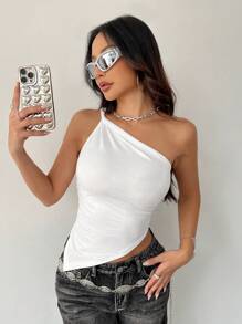 Flirla Top Senza Maniche A Colori Uniti Con Orlo Asimmetrico E Un' Unica Spalla Scoperta Per Donna