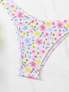 SHEIN Swim 女性內衣和泳裝下擺套裝,隨機印花,適合夏季、海灘、游泳池 - 彩色 - 查看 7