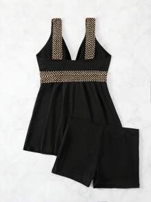 SHEIN Swim 夏季女式拼布编织肩带无吊带比基尼 - 黑色 - 查看 5