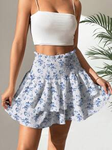 Breezaya Ditsy Floral Print Ruffle Hem High Waist Skirt - Blue and White - View 5