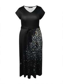 LovelyWholesale Plus Size Women's Ink Splash Printed V-Neck Short Sleeve Dress - Black - View 6