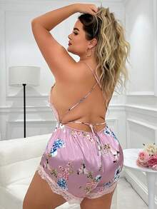 花邊和緞面花紋拼接大尺碼吊帶連體褲,背心露背設計,睡衣 - 粉色 - 查看 2