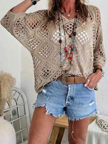 Plus Size Women Hollow Out Loose Knit Sweater - Khaki - View 4