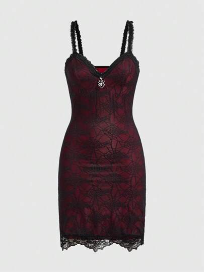 Goth Robe À Bretelles Spaghetti À Imprimé D'araignée Pour Femme, Ajustée Et Mince