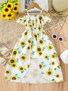 SHEIN Young Girl Sunflower Print Neckline Dress For Vacation - Yellow - View 9
