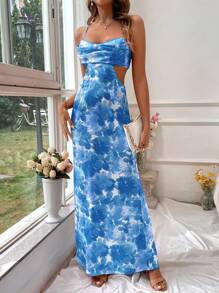 SHEIN VCAY Women Dresses Backless Criss Cross Tie Back Tie Dye All Over Print Seksi Boho - Biru - View 5