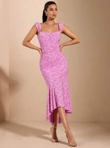 SHEIN BAE Vestido largo de verano blanco con textura sexy de jacquard con hombros descubiertos, espalda hueca y bajo elegante de cola de pez. Elegante y adecuado para reuniones, temporada de regreso a clases, banquetes de boda, fiestas de cóctel, vestidos de dama de honor, vestidos largos de vacaciones, vestidos de corsé. Atuendos de verano para mujer/ropa de primavera/atuendo del Día de San Valentín/Carnaval/atuendos de vacaciones en la playa - Rosa - Ver 4