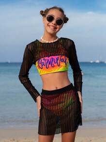 Teenager Mädchen 4-teiliges Set aus bedrucktem, farbigem Bikini, Badeshorts, ausgeschnittenem Überzugsoberteil und Schwimmrock für Sommerurlaub und Strand