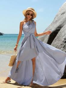 One Shoulder Striped Asymmetrical Hem Dress - Blue - View 1