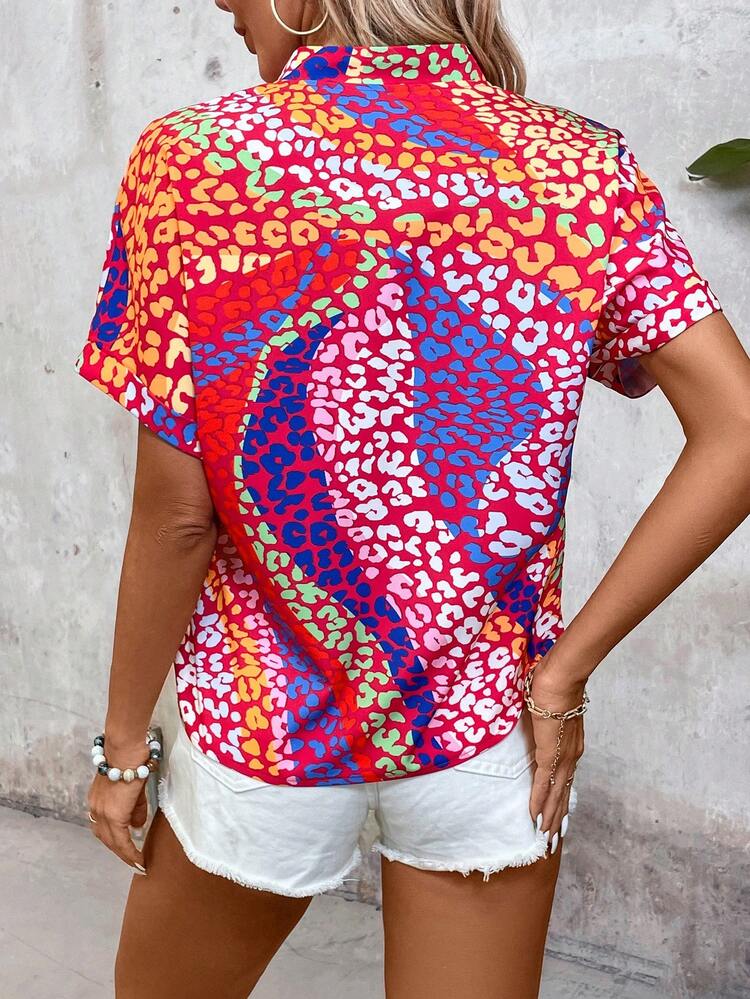 Notched Collar All-Over Misaligned Printed Color-Block Shirt