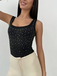 Aloruh Women's Square Neck Full-Body Rhinestone Embellished Fitted Bodysuit, Suitable For Graduation Party - Black - View 5