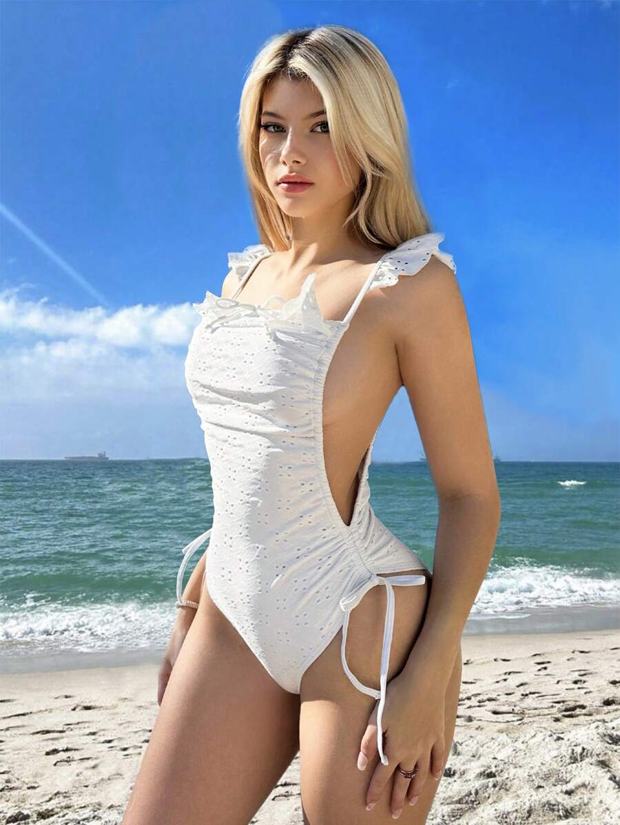 SHEIN Swim Women's Plain Eyelet Embroidery One-Piece Swimsuit With Side Hollow And Small Flounce Sleeves, For Summer, Beach, Vacation, Travel, Festival, Swimming Pool, Surfing - White - View 1