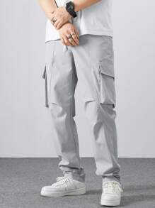 Manfinity Homme Men's Drawstring Waist Cargo Pants Long Plain Light Grey Going Out, For Fall - Grey - View 6