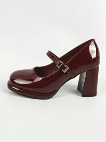 圓頭厚跟瑪莉珍防水厚底鞋 - 酒紅色 - 查看 4