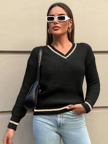Sọc trang trí Thả vai Áo len - màu đen - Xem 5