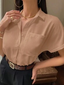 Serisse Minimalist & Fashionable Fruit Cherry Printed Blouse With Pocket And Single Breasted For Work/Leisure Commute Minimalist Office Old Money Simple,Short Sleeve Tops Brown Summer Casual