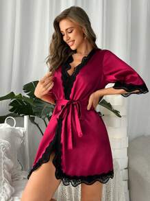 SHEIN Ladies' Lace Splice Half Sleeve Sleepwear Robe Luxe Loungewear, Fall, Winter - Burgundy - View 3