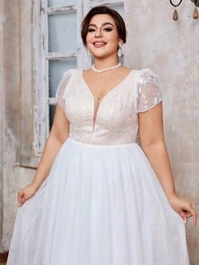 Vestido de novia con escote en V, bordado de encaje, manga corta, contraste de color en malla y corte evasé, talla grande - Blanco - Ver 4