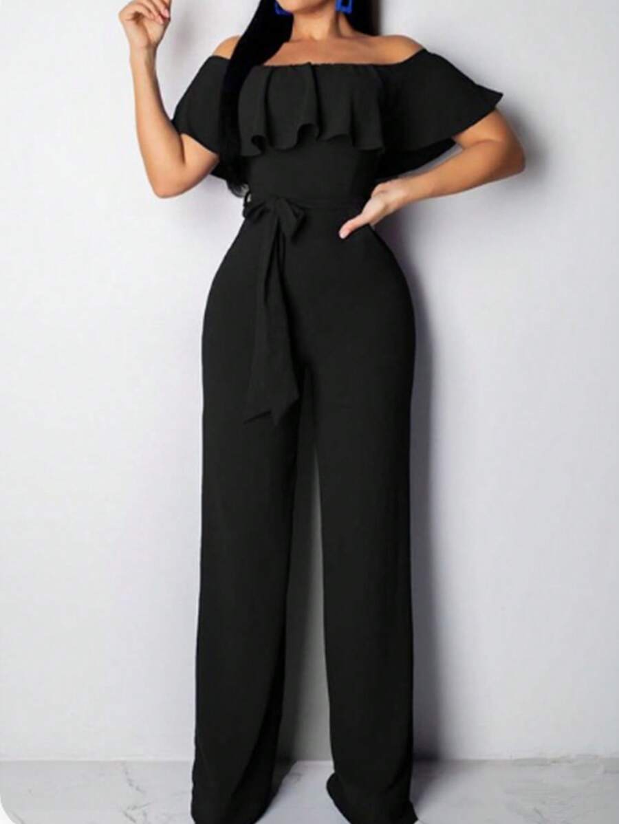 Chiquease Quý cô Mùa hè Thanh lịch Màu thuần Off Shoulder Áo liền quần - màu đen - Xem 1