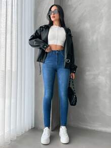 SHEIN Cottnline Jeans de denim con bolsillos con diseño de bigote de gato para mujer - Azul - Ver 3