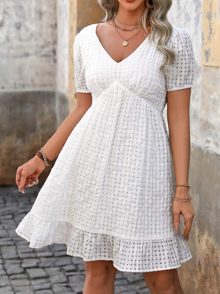 Ladies Solid Color Textured Hollow Out Back Strap Dress