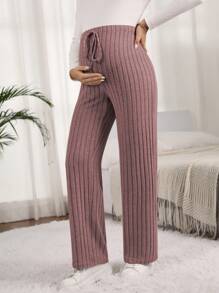 SHEIN 孕婦休閒純色高腰直筒褲,有垂直褶紋細節 - 粉色 - View 6