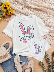 Tween Girl Casual And Simple Easter Bunny Patterned Short Sleeve T-Shirt, Round Neck, Suitable For Summer - White - View 1
