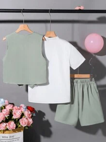 SHEIN 3 Piezas/ Conjunto Camisa De Manga Corta Con Cuello De Solapa, Chaleco Y Pantalones Cortos Sólidos De Niño Preadolescente Con Estilo Caballero