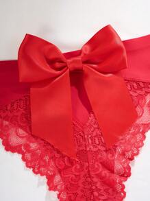SHEIN ملابس داخلية نسائية عبارة عن بنطلون مصنوع من الدانتيل ذو الزخارف الزهرية ويوجد به رباط مدبب في الخلف - الأحمر - مشاهدة 5