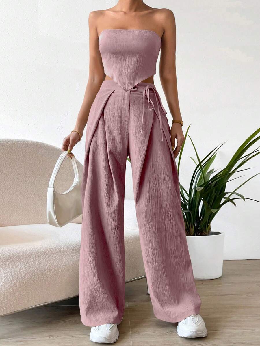 Chiquease Quý cô Chất rắn Có màu sắc Textured Viền bất đối xứng Áo Bandeau  Và Quần ống rộng - Bụi hồng - Xem 1