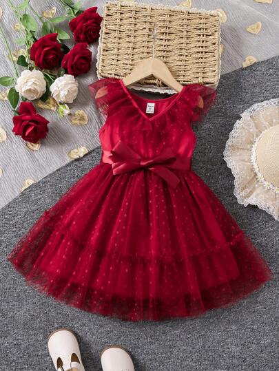 Glamorique Kids Young Girl Contrast Mesh V-Neck Sleeveless Ruffled Hem Decorated Dress