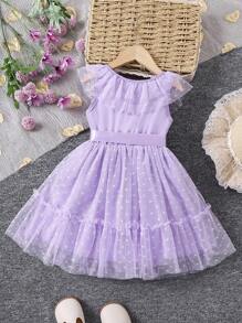 Glamorique Kids Young Girl V-Neck Mesh Dress With Ruffles And Pleats