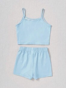 SHEIN Tween Girl Dệt kim Khẩu hiệu dễ thương & Áo yếm in lông mi trên và quần short Bộ đồ mặc nhà thông thường - Màu xanh nhạt - Xem 2